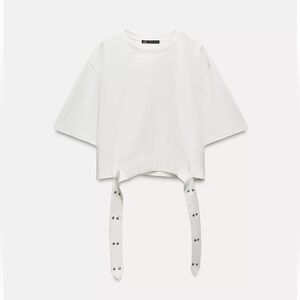 White Cropped T-Shirt with Strap Detail